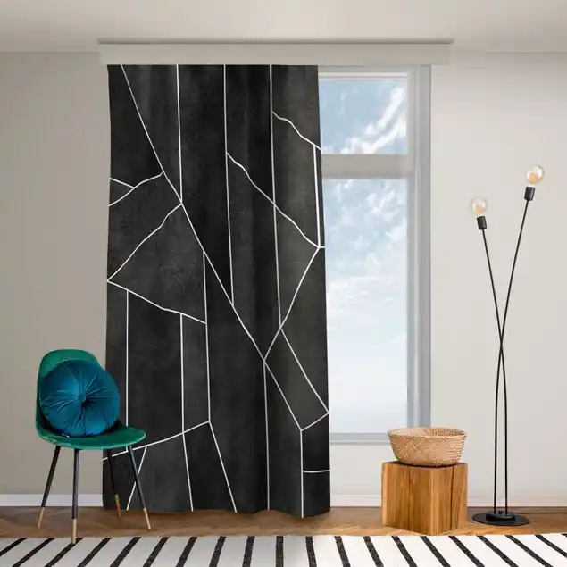 Schwarz Weiß Geometrie Aquarell Vorhang – Lichtdämpfender Samt Echt