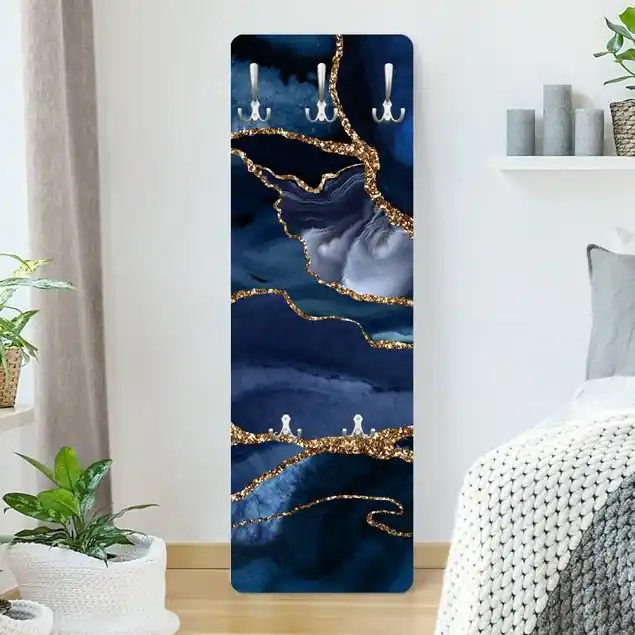 Goldene Glitzer Wellen vor Blau Designpaneel Wandgarderobe • inkl. großes Haken-Set • hergestellt in Deutschland • platzsparend • besonderer Eyecatcher Sonderaktion