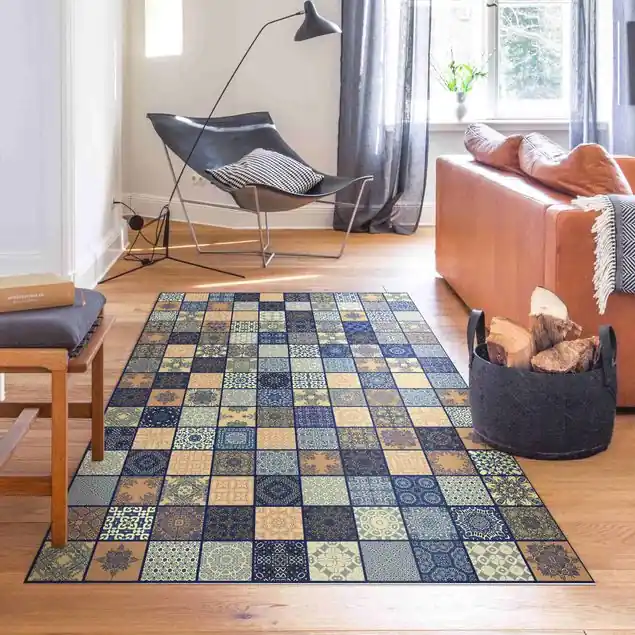 Sonnig Mediterrane Fliesen mit blauen Fugen Premium Vinylteppich 2,2 mm • hergestellt in Deutschland • glatt • abwaschbar • ideal für Haushalte mit Tieren Super-Preis