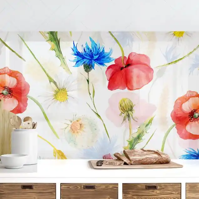 Top-Angebot Aquarellierte Feldblumen mit Mohn Küchenrückwand • selbstklebend • Spritzschutz • wasserfest • glänzend • 0,35 mm • hergestellt in Deutschland
