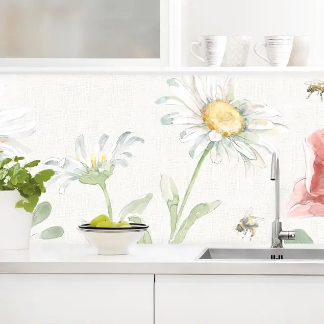 Letzte Chance Aquarell Blumenwiese mit Bienen Küchenrückwand • selbstklebend • Spritzschutz • wasserfest • glänzend • 0,35 mm • hergestellt in Deutschland