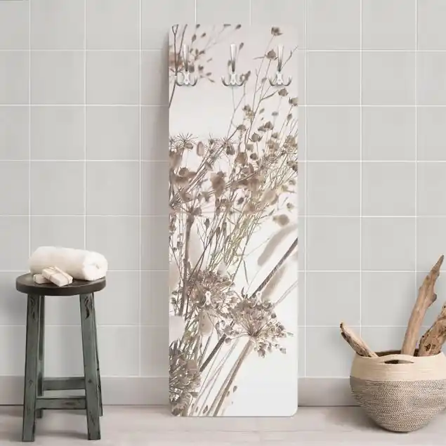 Bouquet aus Ziergras und Blüten Designpaneel Wandgarderobe • inkl. großes Haken-Set • hergestellt in Deutschland • platzsparend • besonderer Eyecatcher Sonderaktion