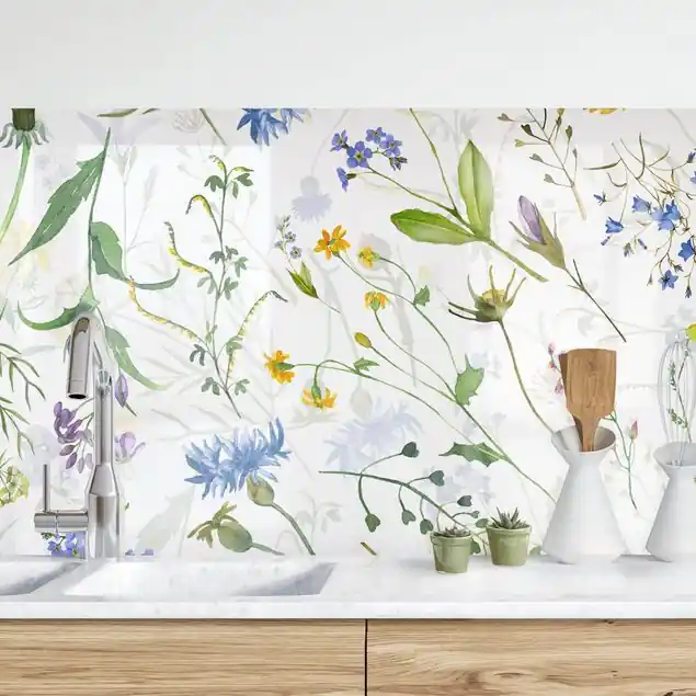 Blumenwiese als Aquarell Küchenrückwand • selbstklebend • Spritzschutz • wasserfest • glänzend • 0,35 mm • hergestellt in Deutschland Highlight
