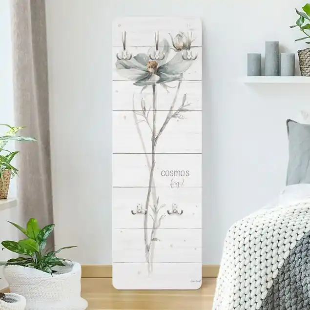 Sale Aquarell Cosmea auf Holz Designpaneel Wandgarderobe • inkl. großes Haken-Set • hergestellt in Deutschland • platzsparend • besonderer Eyecatcher