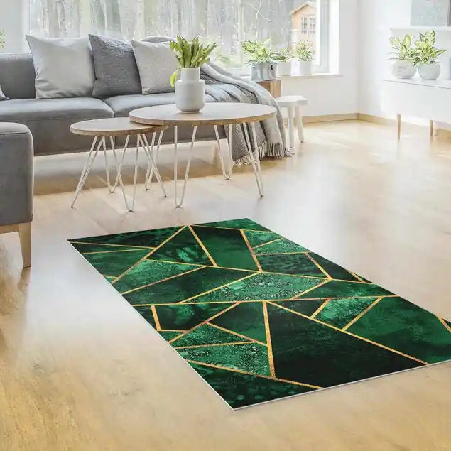 Dunkler Smaragd mit Gold Premium Vinylteppich 2,2 mm • hergestellt in Deutschland • glatt • abwaschbar • ideal für Haushalte mit Tieren Sale