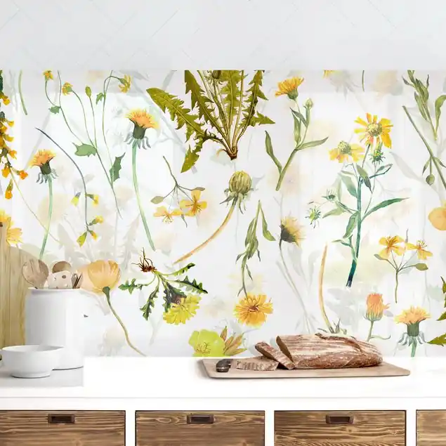 Jetzt Bestellen Gelbe Wildblumen Küchenrückwand • selbstklebend • Spritzschutz • wasserfest • glänzend • 0,35 mm • hergestellt in Deutschland