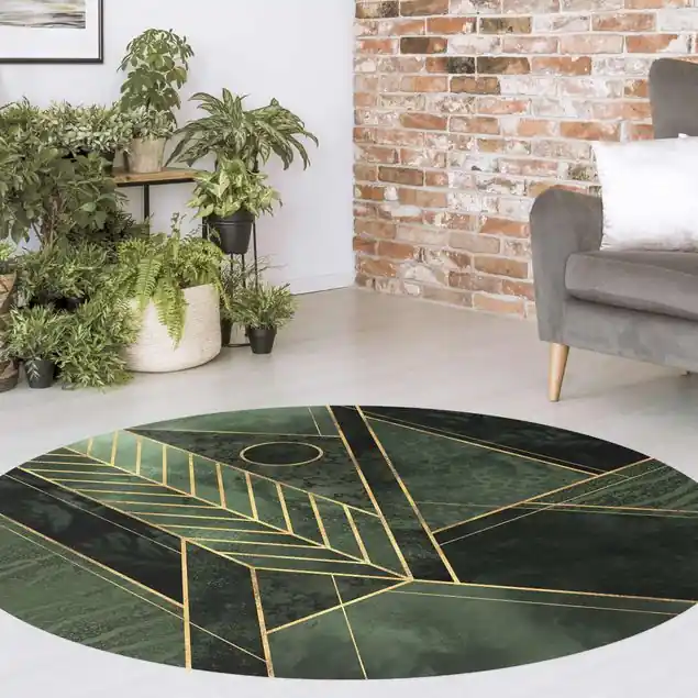 Geometrische Formen Smaragd Gold Premium Vinylteppich 2,2 mm • hergestellt in Deutschland • glatt • abwaschbar • ideal für Haushalte mit Tieren Schneller Versand