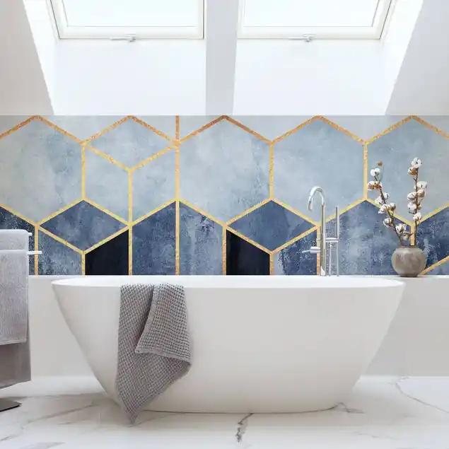 Goldene Sechsecke Blau Weiß Wandverkleidung Bad Expressversand