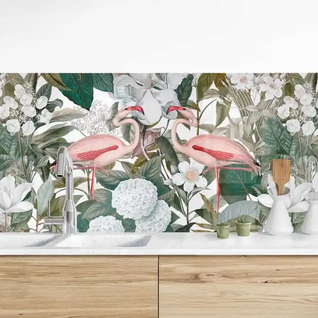 Knallerangebot Rosa Flamingos mit Blättern und weißen Blumen Küchenrückwand • selbstklebend • Spritzschutz • wasserfest • glänzend • 0,35 mm • hergestellt in Deutschland