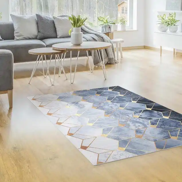 Blaue Geometrie goldenes Art Deco Premium Vinylteppich 2,2 mm • hergestellt in Deutschland • glatt • abwaschbar • ideal für Haushalte mit Tieren Sichere Zahlung