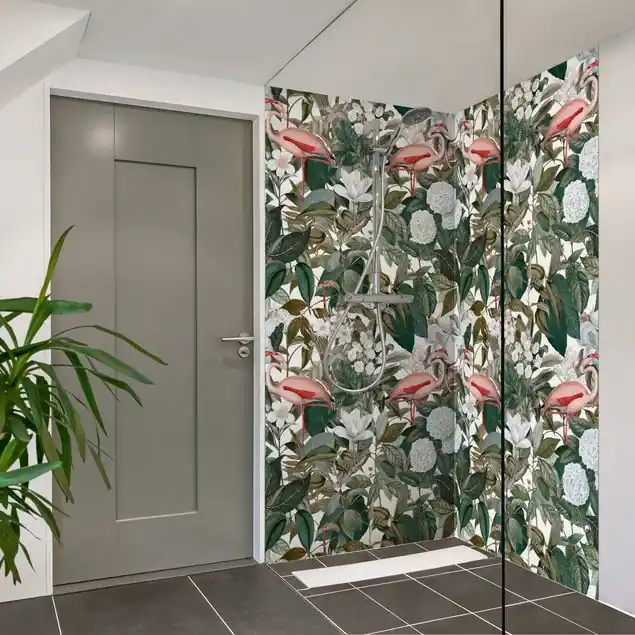 Rosa Flamingos mit Blättern und weißen Blumen Duschrückwand • selbstklebend • glänzend • 0,35 mm Billig