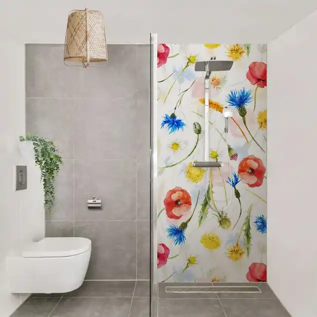 Angebot Aquarellierte Feldblumen mit Mohn Duschrückwand • selbstklebend • glänzend • 0,35 mm
