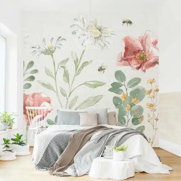 Begrenztes Angebot Aquarell Blumenwiese mit Bienen Fototapete Vlies • inkl. Kleister • hergestellt in Deutschland