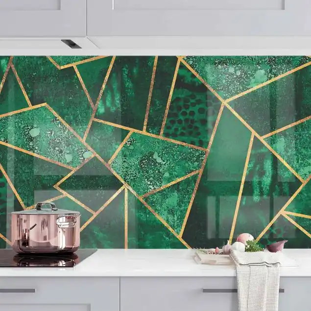 Dunkler Smaragd mit Gold II Küchenrückwand • selbstklebend • Spritzschutz • wasserfest • glänzend • 0,35 mm • hergestellt in Deutschland Super-Preis