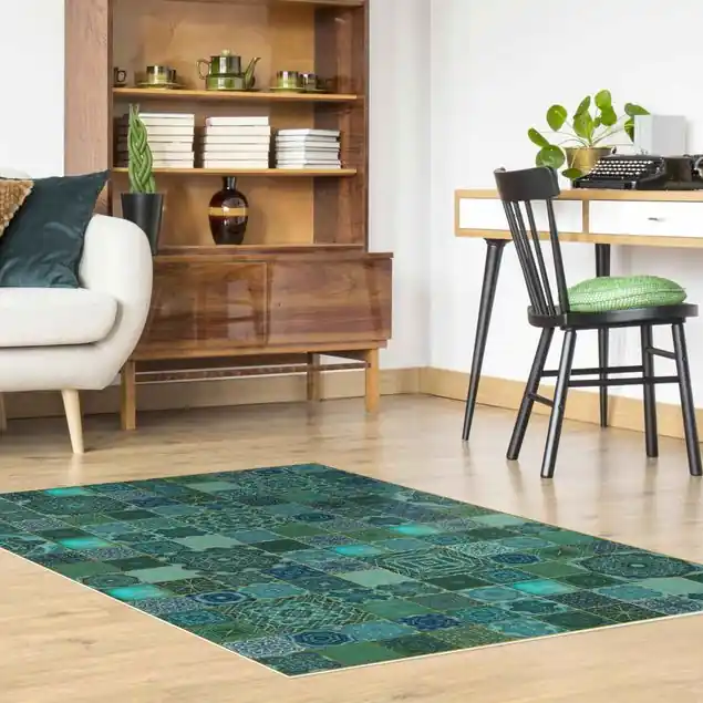 Art Deco Fliesen Grüner Marmor mit Goldschimmer Premium Vinylteppich 2,2 mm • hergestellt in Deutschland • glatt • abwaschbar • ideal für Haushalte mit Tieren Bestseller