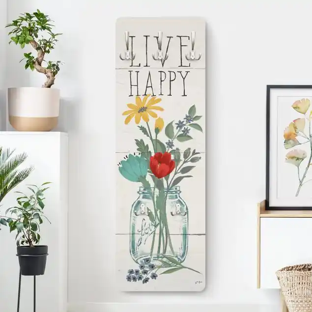 Bestpreis Live Happy - Blumenvase auf Holz Designpaneel Wandgarderobe • inkl. großes Haken-Set • hergestellt in Deutschland • platzsparend • besonderer Eyecatcher
