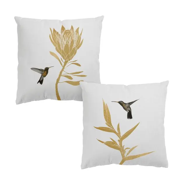 Saisonangebot Kolibri und tropische goldene Blüten Duo Dekokissen • Canvas • klassische Webstruktur • handgefertigt in Deutschland