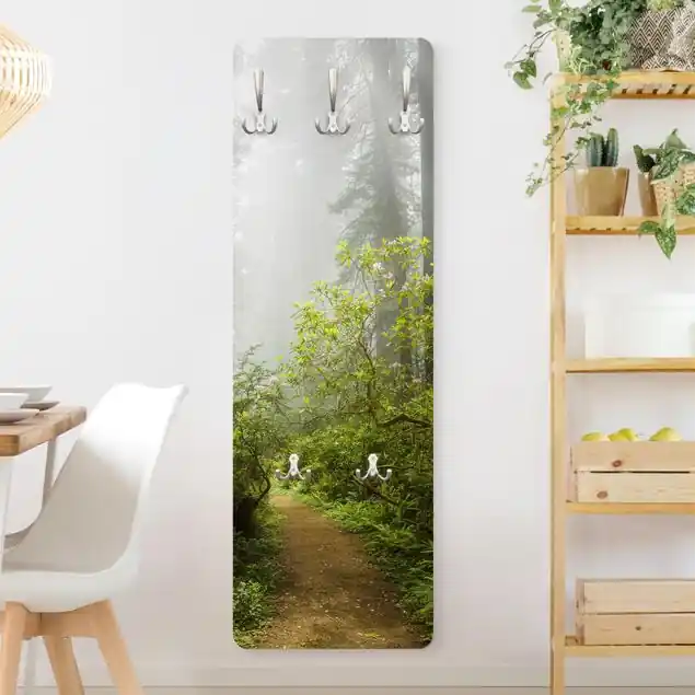 Nebliger Waldpfad Designpaneel Wandgarderobe • inkl. großes Haken-Set • hergestellt in Deutschland • platzsparend • besonderer Eyecatcher Echt