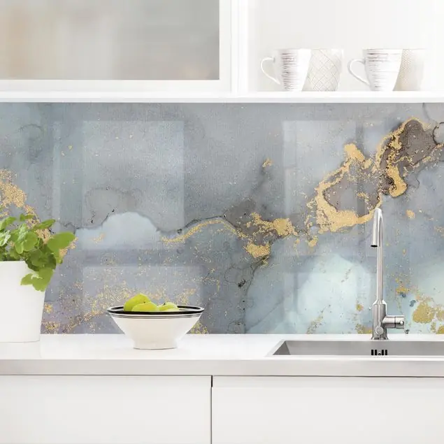 Expressversand Farbexperimente Marmor Regenbogen und Gold Küchenrückwand • selbstklebend • Spritzschutz • wasserfest • glänzend • 0,35 mm • hergestellt in Deutschland