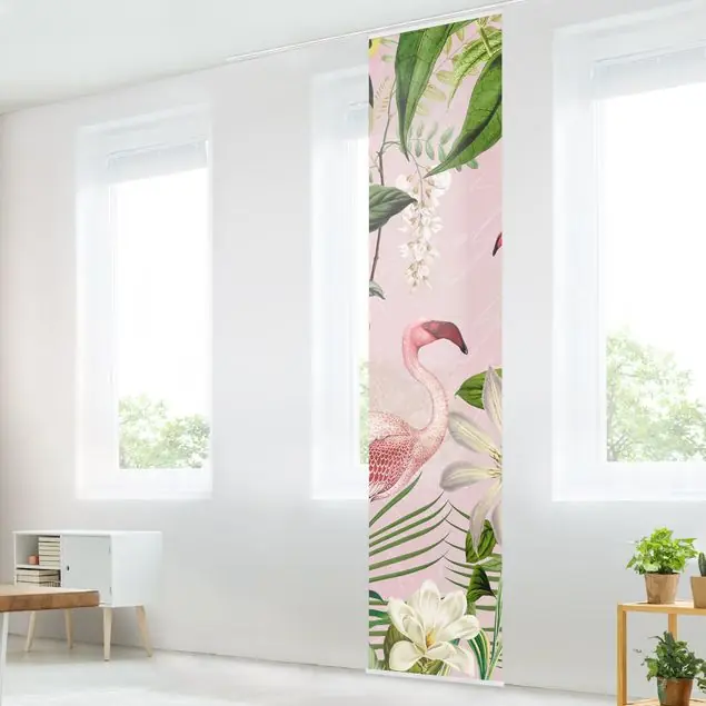 Tropische Flamingos mit Pflanzen in Rosa Schiebegardine Meistverkauft