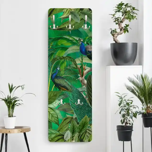 Pfauen im Dschungel Designpaneel Wandgarderobe • inkl. großes Haken-Set • hergestellt in Deutschland • platzsparend • besonderer Eyecatcher Billig