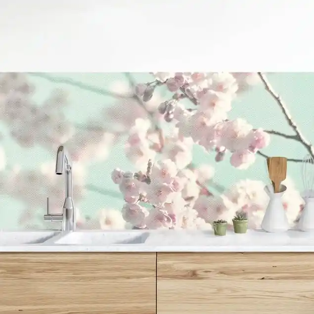 Kirschblütentanz auf Leinenstruktur Küchenrückwand • selbstklebend • Spritzschutz • wasserfest • glänzend • 0,35 mm • hergestellt in Deutschland Sichere Zahlung