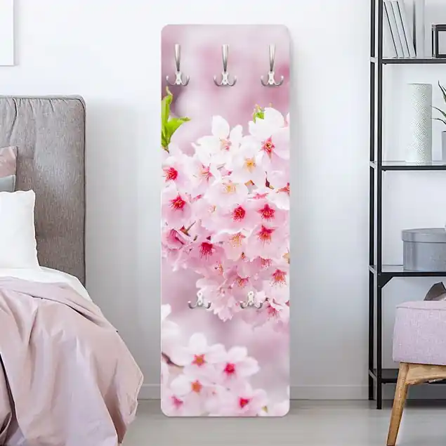 Japanische Kirschblüten Designpaneel Wandgarderobe • inkl. großes Haken-Set • hergestellt in Deutschland • platzsparend • besonderer Eyecatcher Neuheit