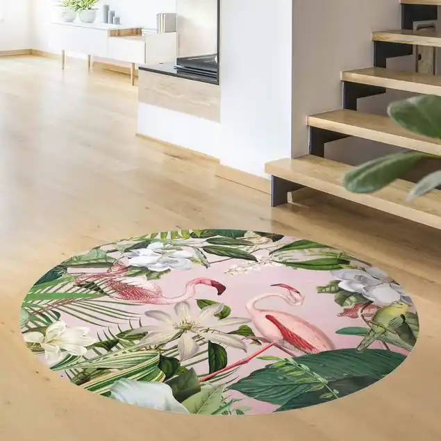 Schneller Versand Tropische Flamingos mit Pflanzen in Rosa Premium Vinylteppich 2,2 mm • hergestellt in Deutschland • glatt • abwaschbar • ideal für Haushalte mit Tieren