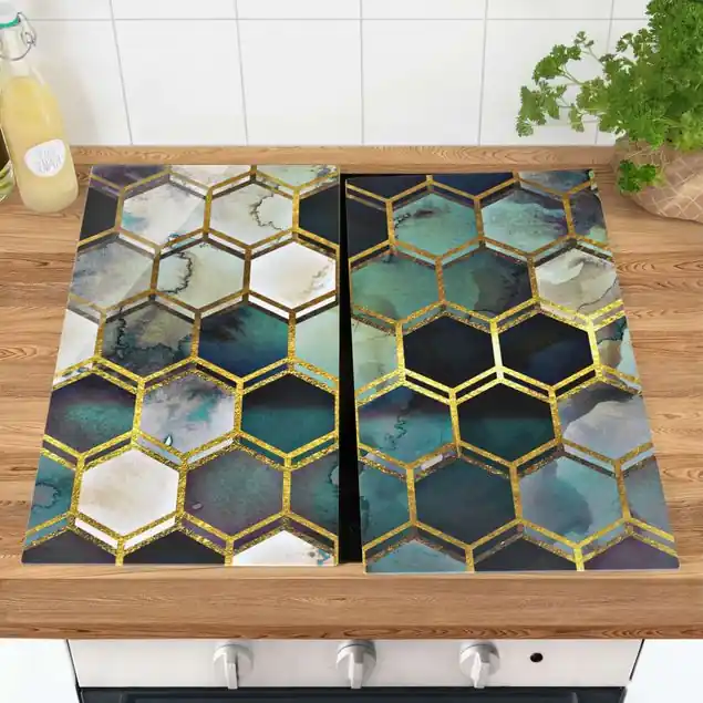 Begrenztes Angebot Hexagonträume Aquarell mit Gold Herdabdeckplatte