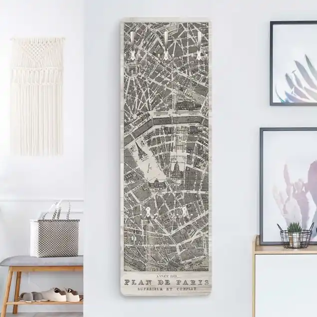 Plan von Paris Designpaneel Wandgarderobe • inkl. großes Haken-Set • hergestellt in Deutschland • platzsparend • besonderer Eyecatcher Top-Preis