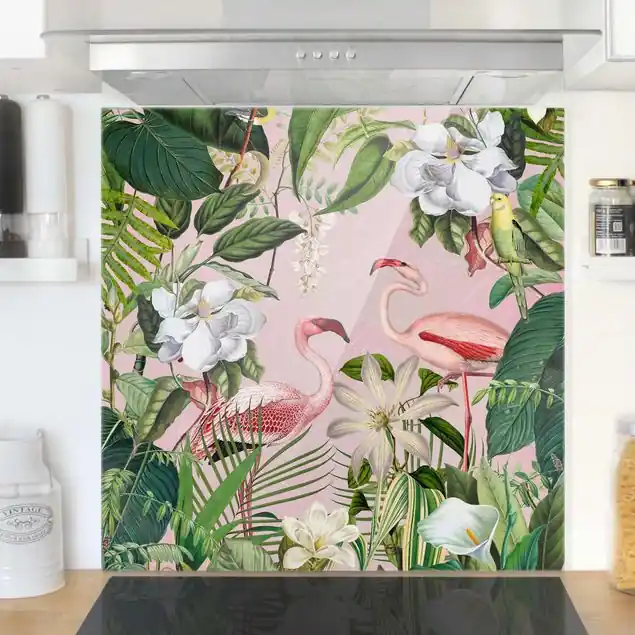 Must-Have Tropische Flamingos mit Pflanzen in Rosa Spritzschutz