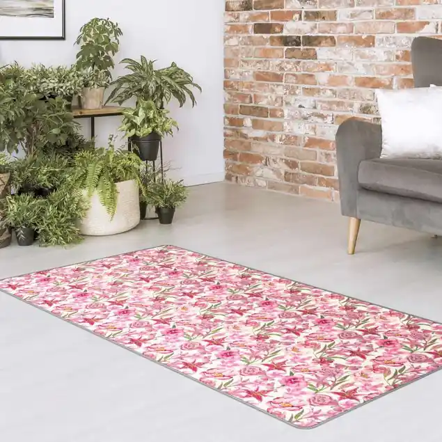 Top-Seller Pinke Blumen mit Schmetterlingen Teppich