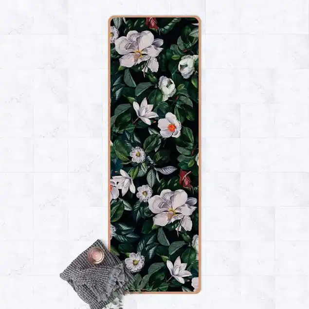 Tropische Nacht mit weißen Blumen Yogamatte Kork Schneller Versand
