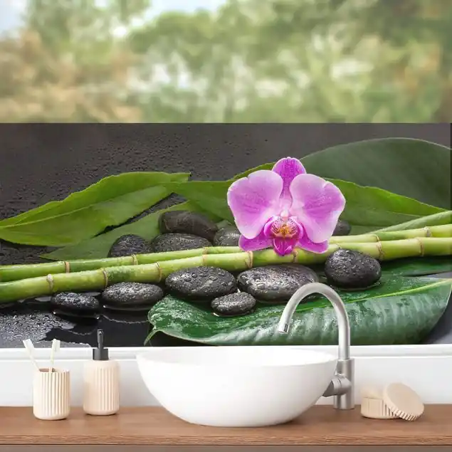 Grüner Bambus mit Orchideenblüte Fensterfolie Heißes Angebot