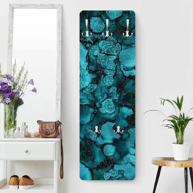 Türkise Tropfen mit Glitzer Designpaneel Wandgarderobe • inkl. großes Haken-Set • hergestellt in Deutschland • platzsparend • besonderer Eyecatcher Jetzt Kaufen