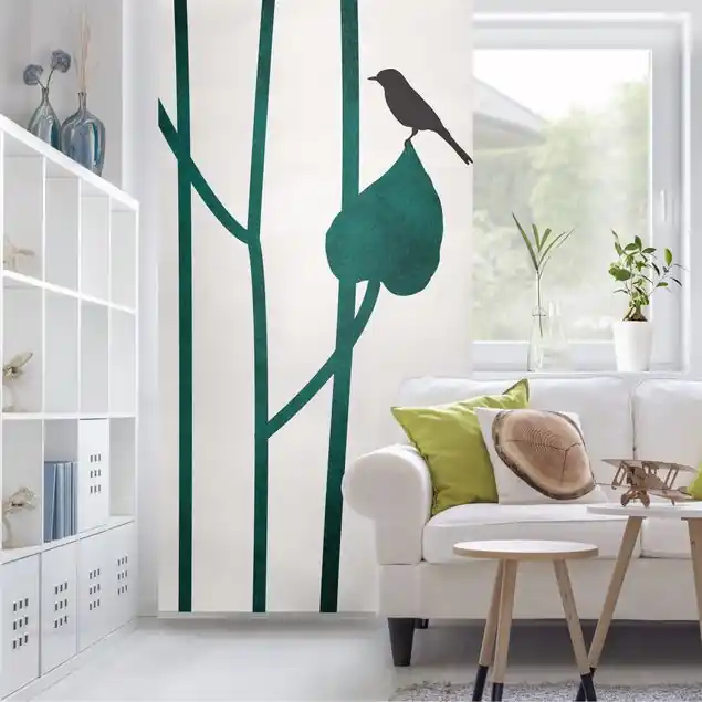 Preiswert Grafische Pflanzenwelt - Vogel auf Blatt Raumteiler