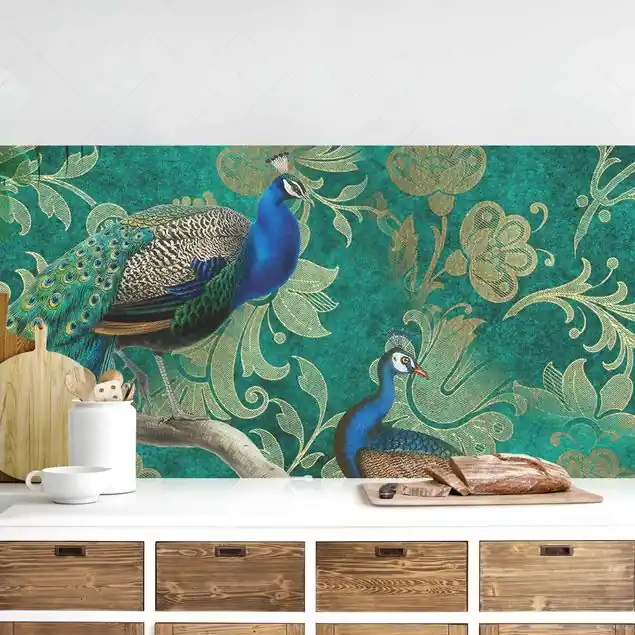 Shabby Chic Collage - Edler Pfau II Küchenrückwand • selbstklebend • Spritzschutz • wasserfest • glänzend • 0,35 mm • hergestellt in Deutschland Zertifiziert