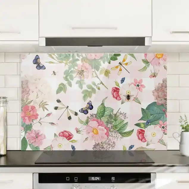 Schmetterlinge mit rosa Blumen Spritzschutz Kostenloser Rückversand