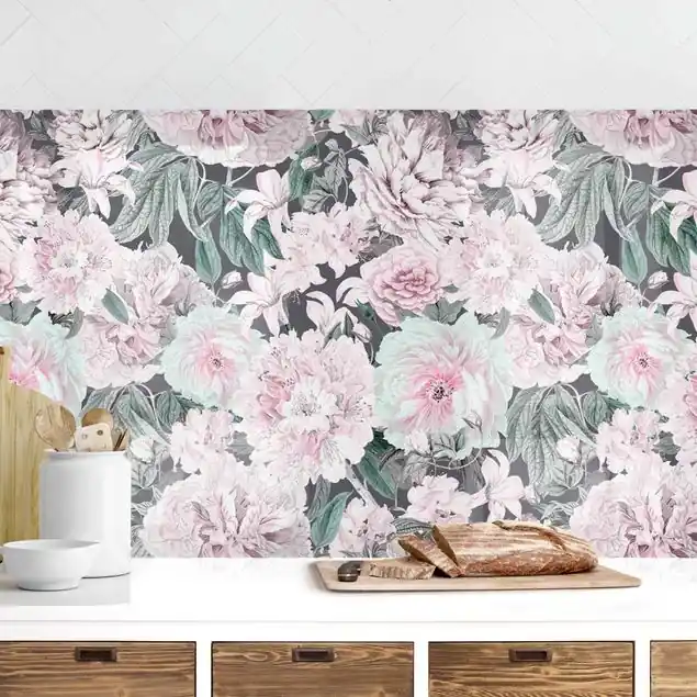 Sonderangebot Nostalgische Pfingstrosen in Pastell Rosa II Küchenrückwand • selbstklebend • Spritzschutz • wasserfest • glänzend • 0,35 mm • hergestellt in Deutschland