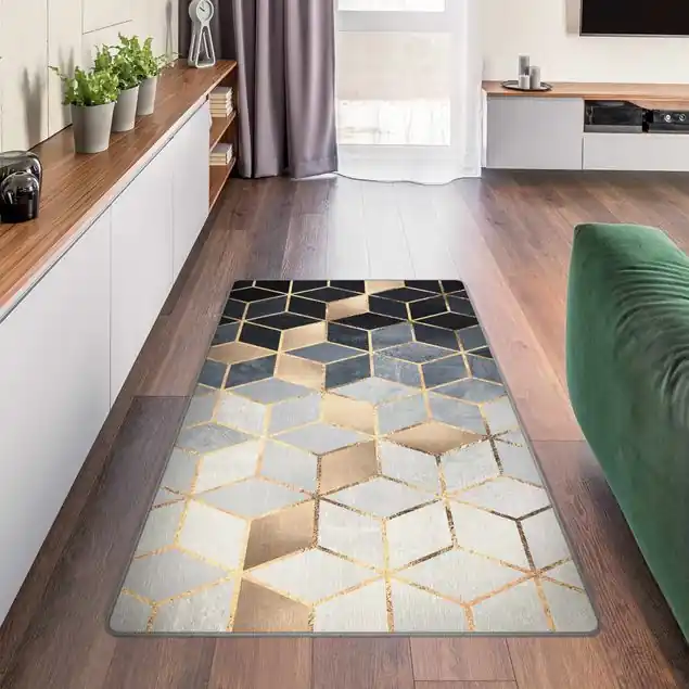 Blau Weiß goldene Geometrie Teppich Echt