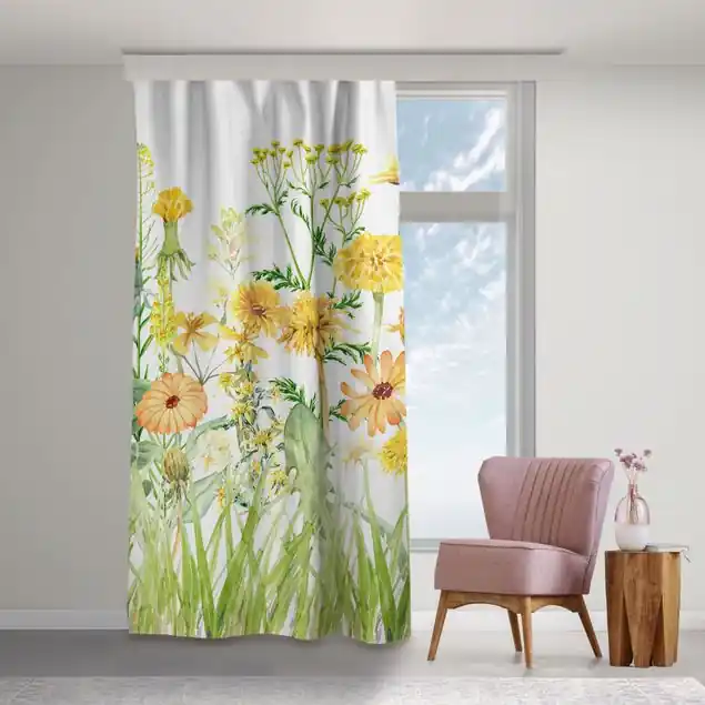 Kracherpreis Aquarellierte Blumenwiese in Gelb Vorhang – Lichtdämpfender Samt