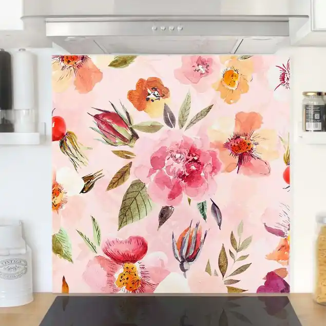 Highlight Aquarellierte Blumen auf Rosa Spritzschutz