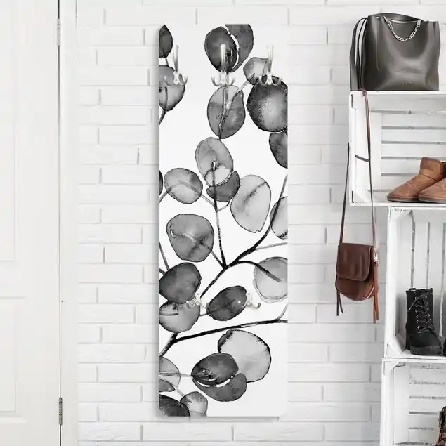 Schwarz Weiß Aquarell Eukalyptuszweig Designpaneel Wandgarderobe • inkl. großes Haken-Set • hergestellt in Deutschland • platzsparend • besonderer Eyecatcher Preis Gesenkt