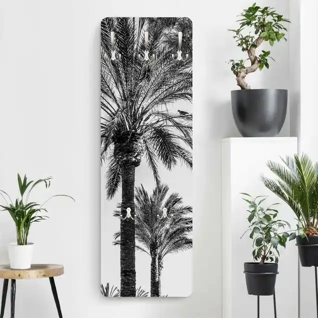 Palmen im Sonnenuntergang Schwarz-Weiß Designpaneel Wandgarderobe • inkl. großes Haken-Set • hergestellt in Deutschland • platzsparend • besonderer Eyecatcher Jetzt Kaufen
