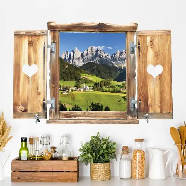 Günstig Fenster mit Herz Geislerspitzen in Südtirol Wandtattoo