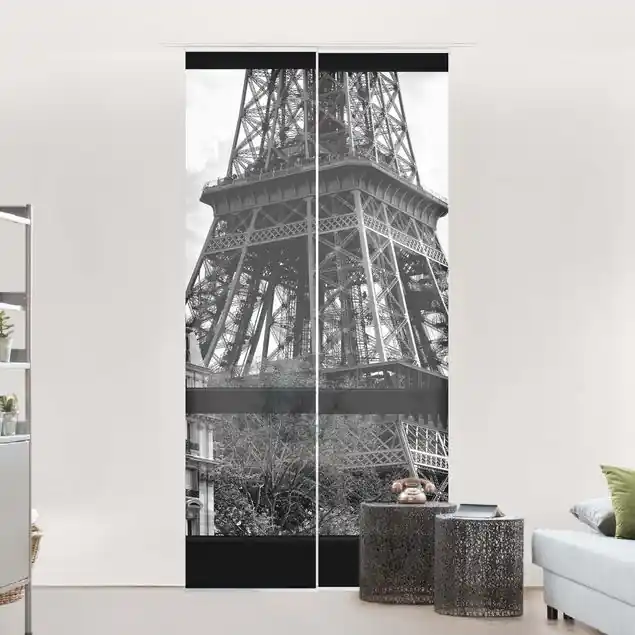 Rabatt Fensterausblick Paris - Nahe am Eiffelturm schwarz weiß Schiebegardine Set