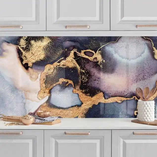 Jetzt Kaufen Marmor Aquarell mit Gold Küchenrückwand • selbstklebend • Spritzschutz • wasserfest • glänzend • 0,35 mm • hergestellt in Deutschland