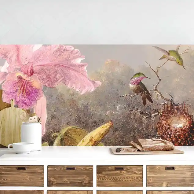 Martin Johnson Heade - Orchidee und drei Kolibris Küchenrückwand • selbstklebend • Spritzschutz • wasserfest • glänzend • 0,35 mm • hergestellt in Deutschland Aktuell