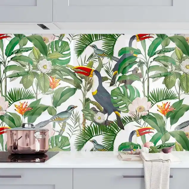 Kostenloser Versand Tropischer Tukan mit Monstera und Palmenblättern II Küchenrückwand • selbstklebend • Spritzschutz • wasserfest • glänzend • 0,35 mm • hergestellt in Deutschland