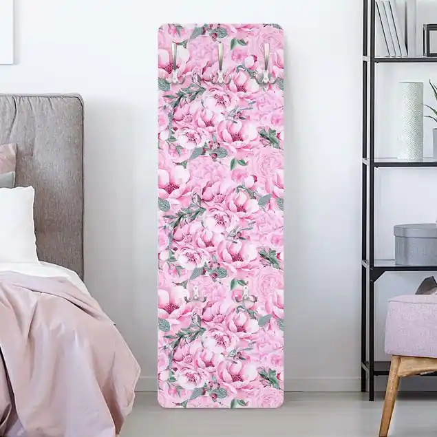 Rosa Blütentraum Pastell Rosen in Aquarell Designpaneel Wandgarderobe • inkl. großes Haken-Set • hergestellt in Deutschland • platzsparend • besonderer Eyecatcher Sale